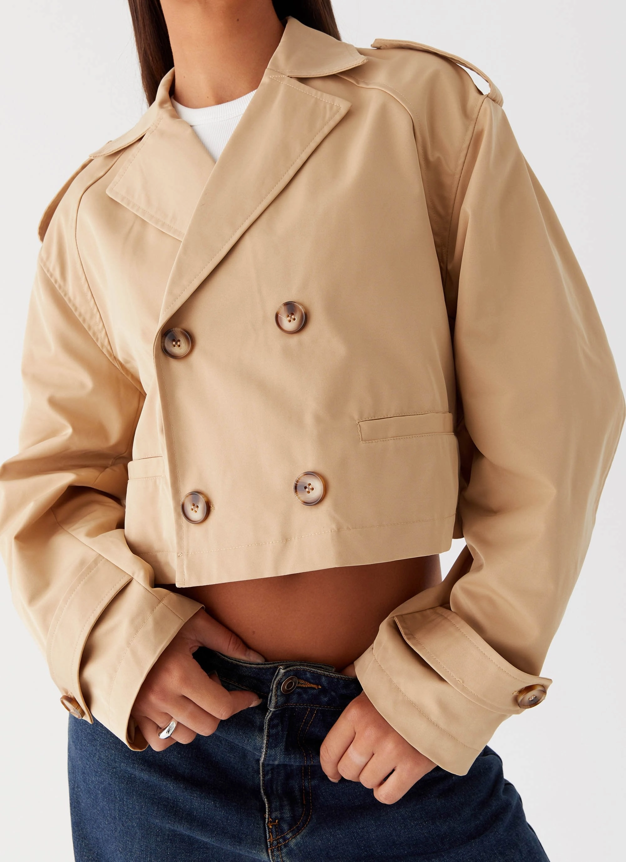 HighVisibility Trims Teddie Cropped Trench Coat - Camel