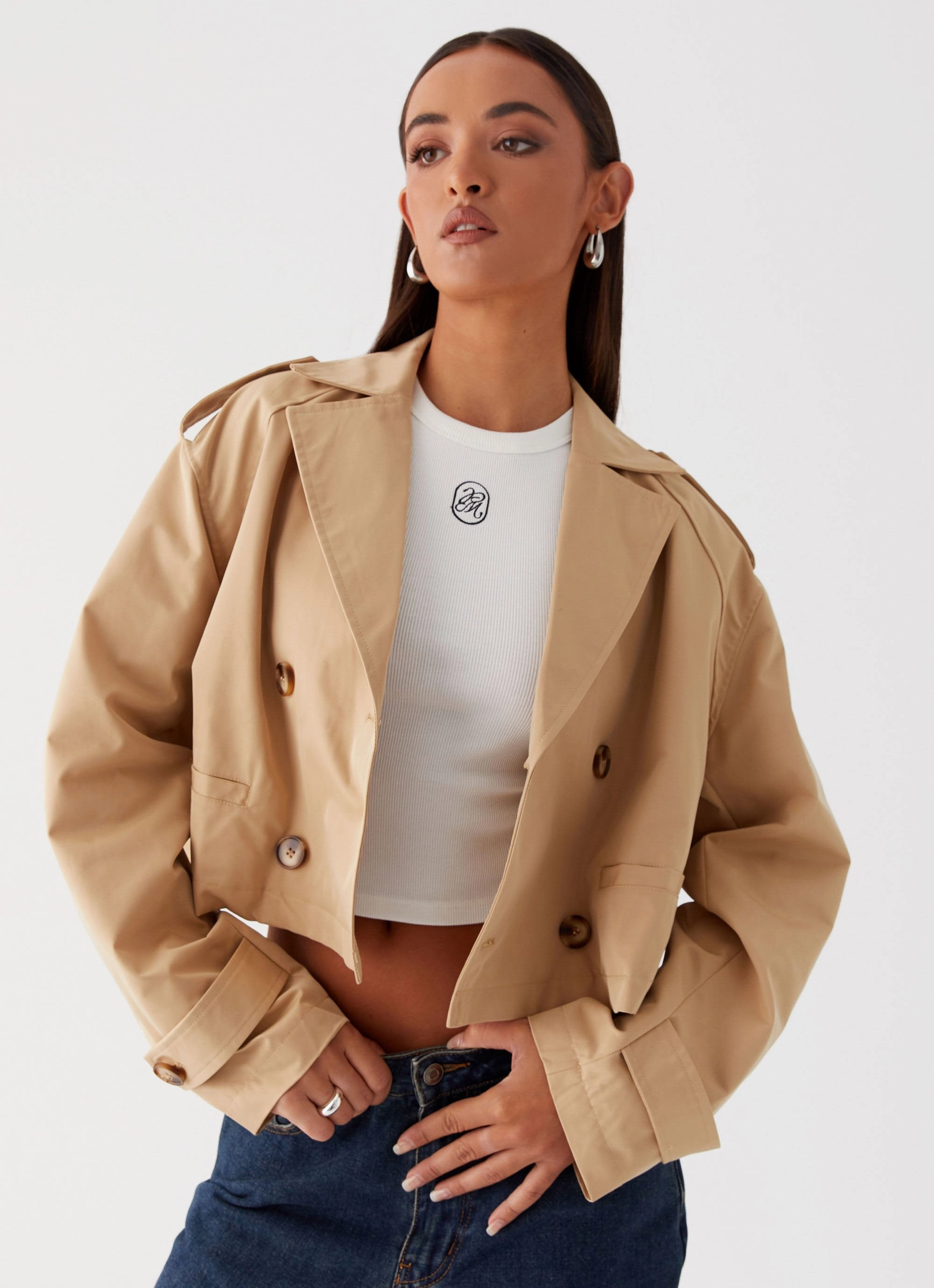 Minimalist Aesthetic Sunday Walk Style Teddie Cropped Trench Coat - Camel