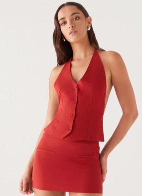 Sarah Halterneck Vest Top - Ruby Red EthicallySourced VNeckline