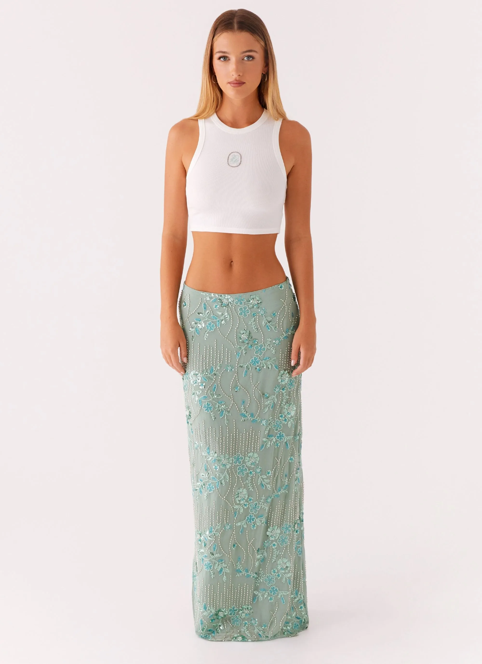 Corinna Low Rise Sequin Maxi Skirt - Mint Crochet Style Opaque finish