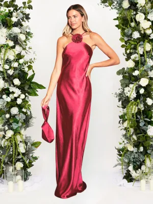 Corsage Detail Satin Maxi Dress / Claret Coral Hue Pure Motion Corsage Detail Satin Maxi Dress / Claret