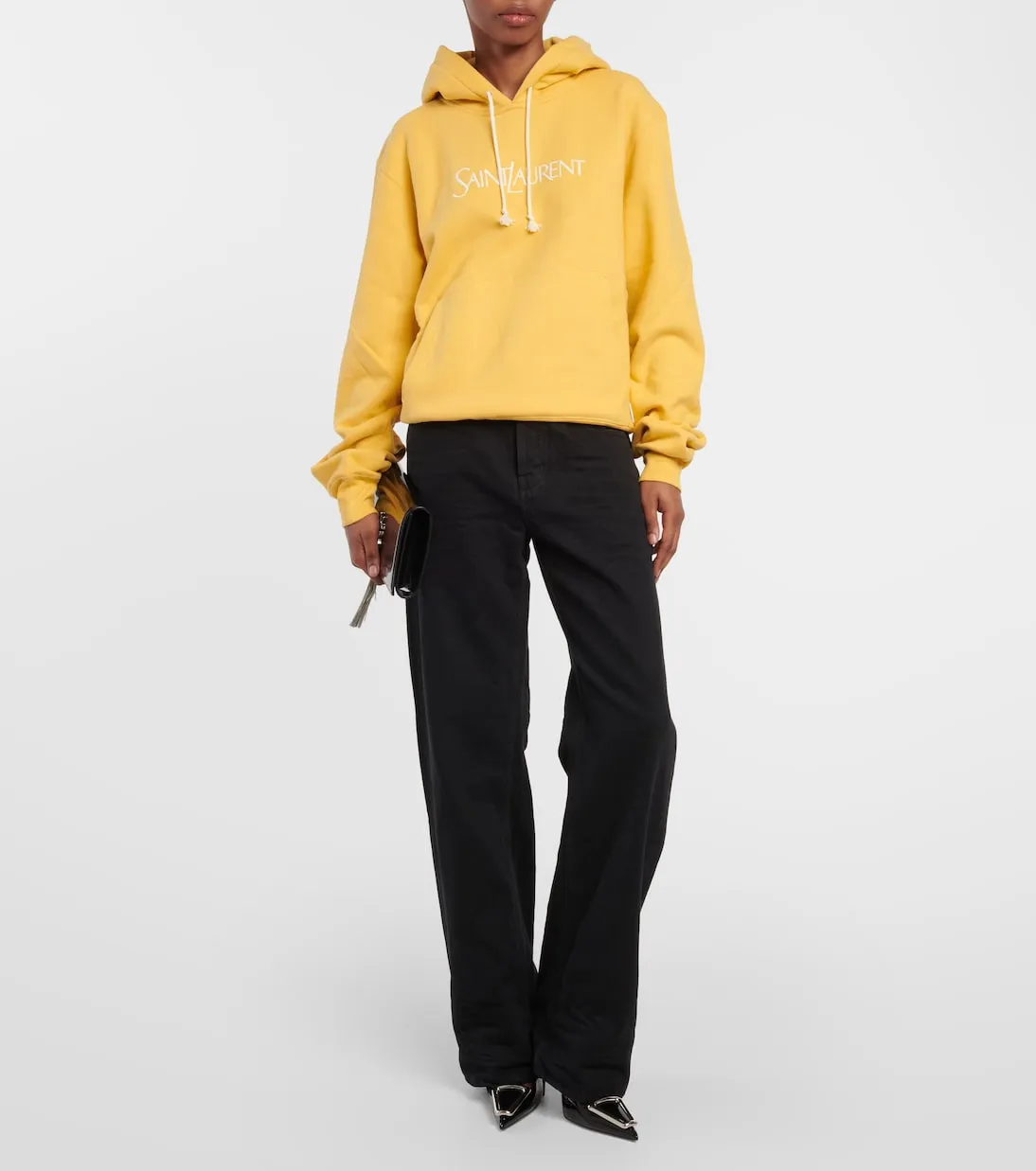 Cotton jersey hoodie with Saint Laurent logo, yellow