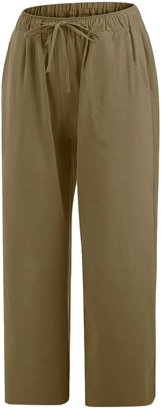 Cotton Linen Capris for Women Summer Casual Loose Cropped Pants Wide Leg Elastic Waist Lounge Pant with Pockets