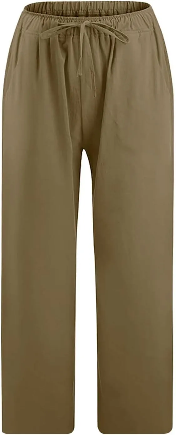 Cotton Linen Capris for Women Summer Casual Loose Cropped Pants Wide Leg Elastic Waist Lounge Pant with Pockets