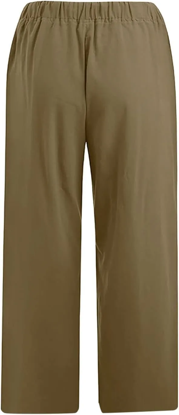 Cotton Linen Capris for Women Summer Casual Loose Cropped Pants Wide Leg Elastic Waist Lounge Pant with Pockets