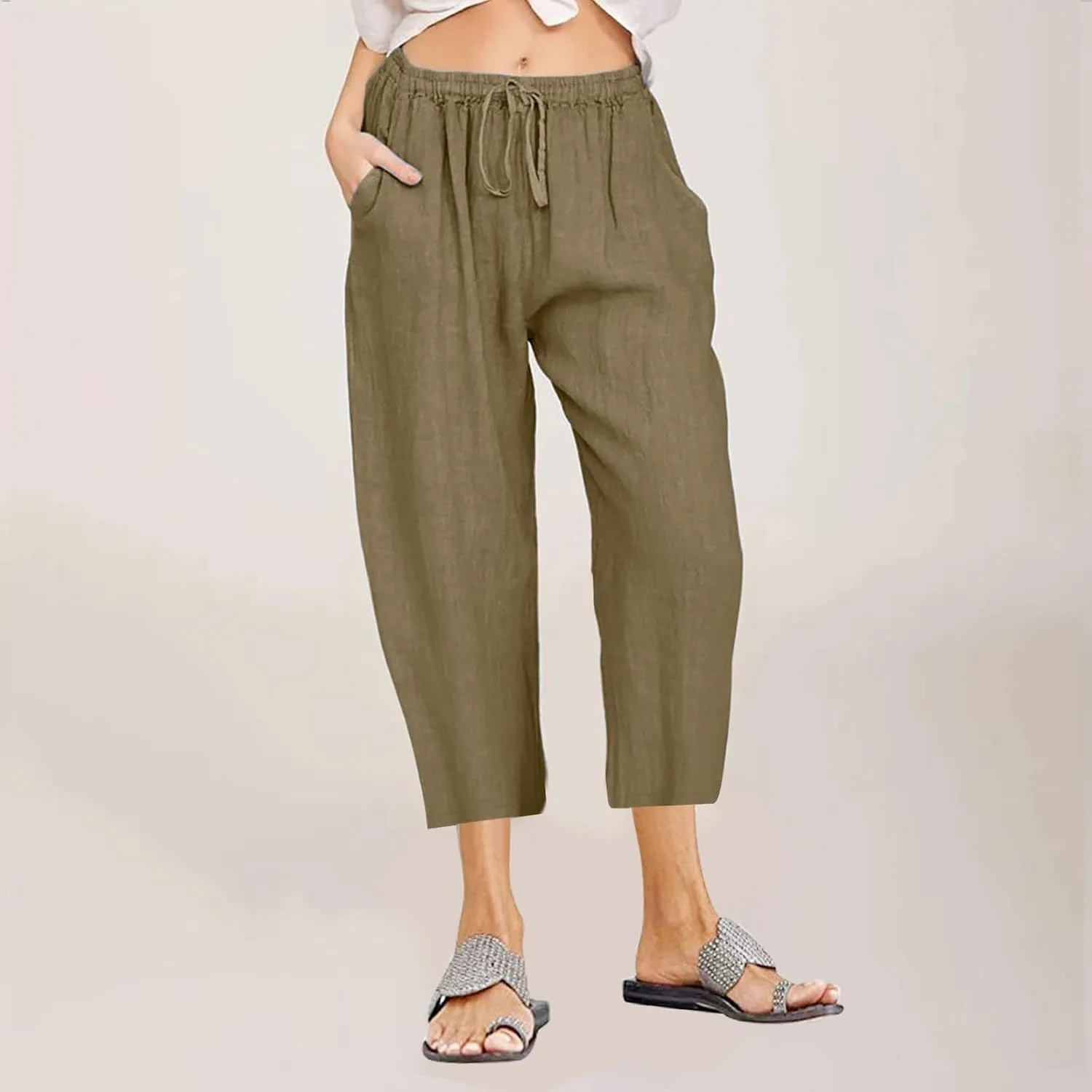 Cotton Linen Capris for Women Summer Casual Loose Cropped Pants Wide Leg Elastic Waist Lounge Pant with Pockets