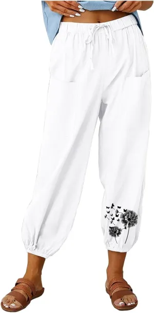 Cotton Linen Capris Pants for Women Drawstring Cropped Trousers Sweatpants Floral Print Straight Leg Lounge Pants