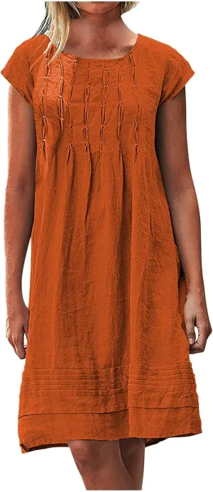 Cotton Linen Dress Women Pleated Summer Plus Size Dresses Casual Mini Dress Short Sleeve Beach Vacation Sundress