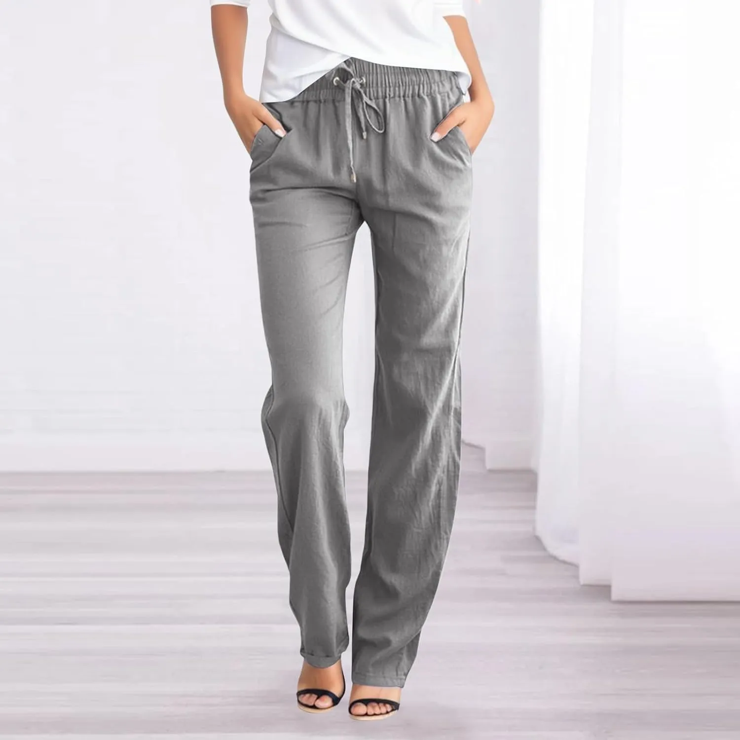 Cotton Linen Pants for Women Summer Solid Color Drawstring Elastic Waist Pant Straight Leg Long Trouser with Pockets