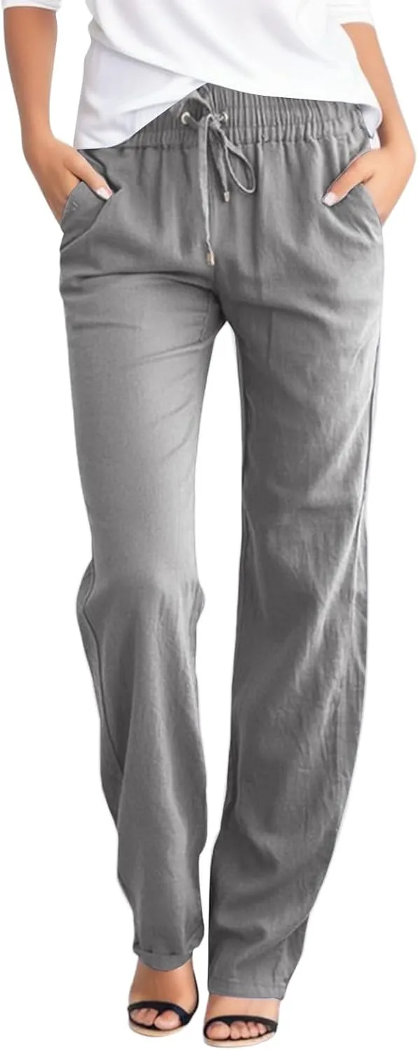 Cotton Linen Pants for Women Summer Solid Color Drawstring Elastic Waist Pant Straight Leg Long Trouser with Pockets