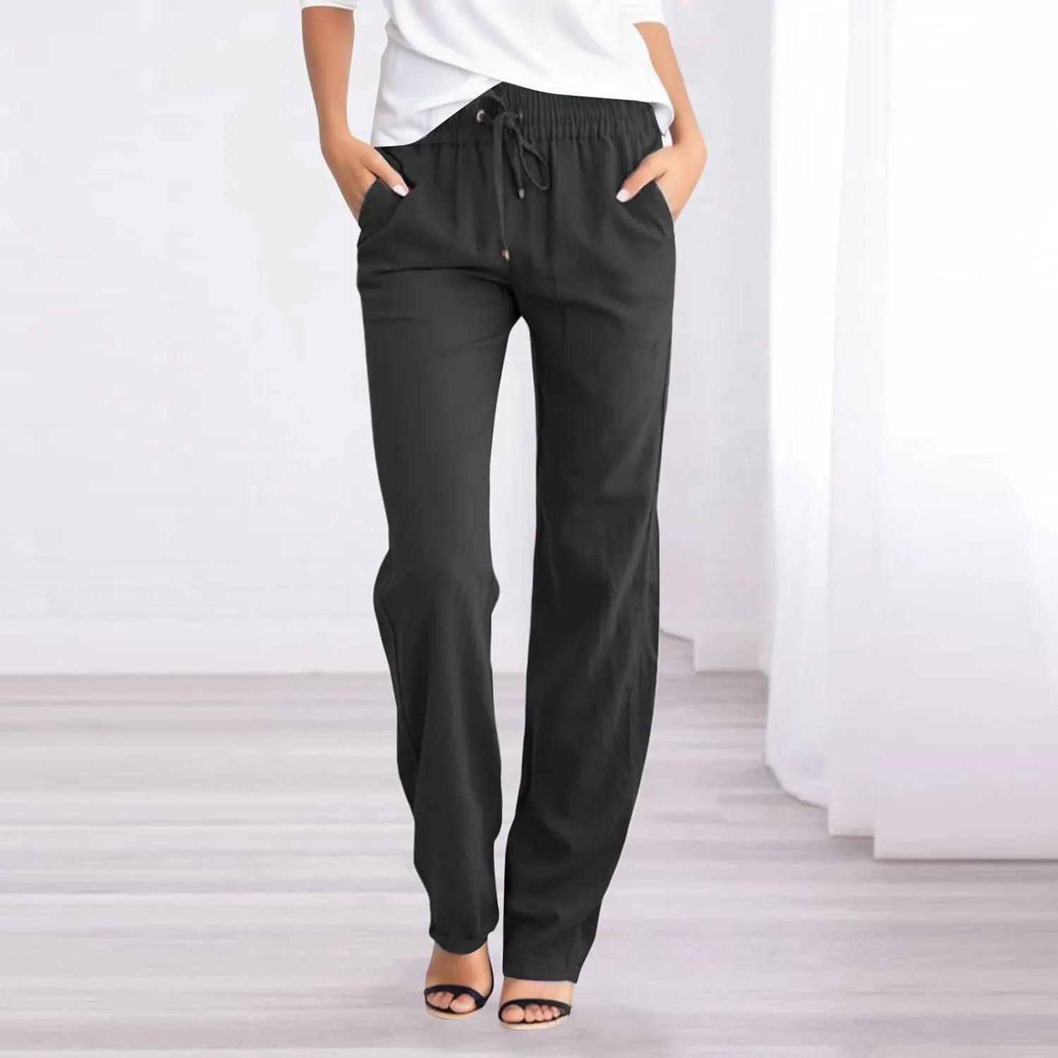 Cotton Linen Pants for Women Summer Solid Color Drawstring Elastic Waist Pant Straight Leg Long Trouser with Pockets