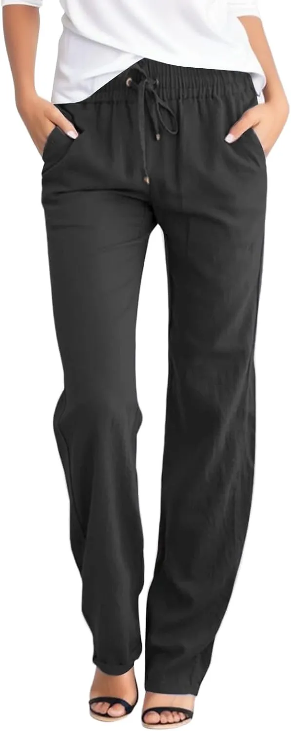 Cotton Linen Pants for Women Summer Solid Color Drawstring Elastic Waist Pant Straight Leg Long Trouser with Pockets