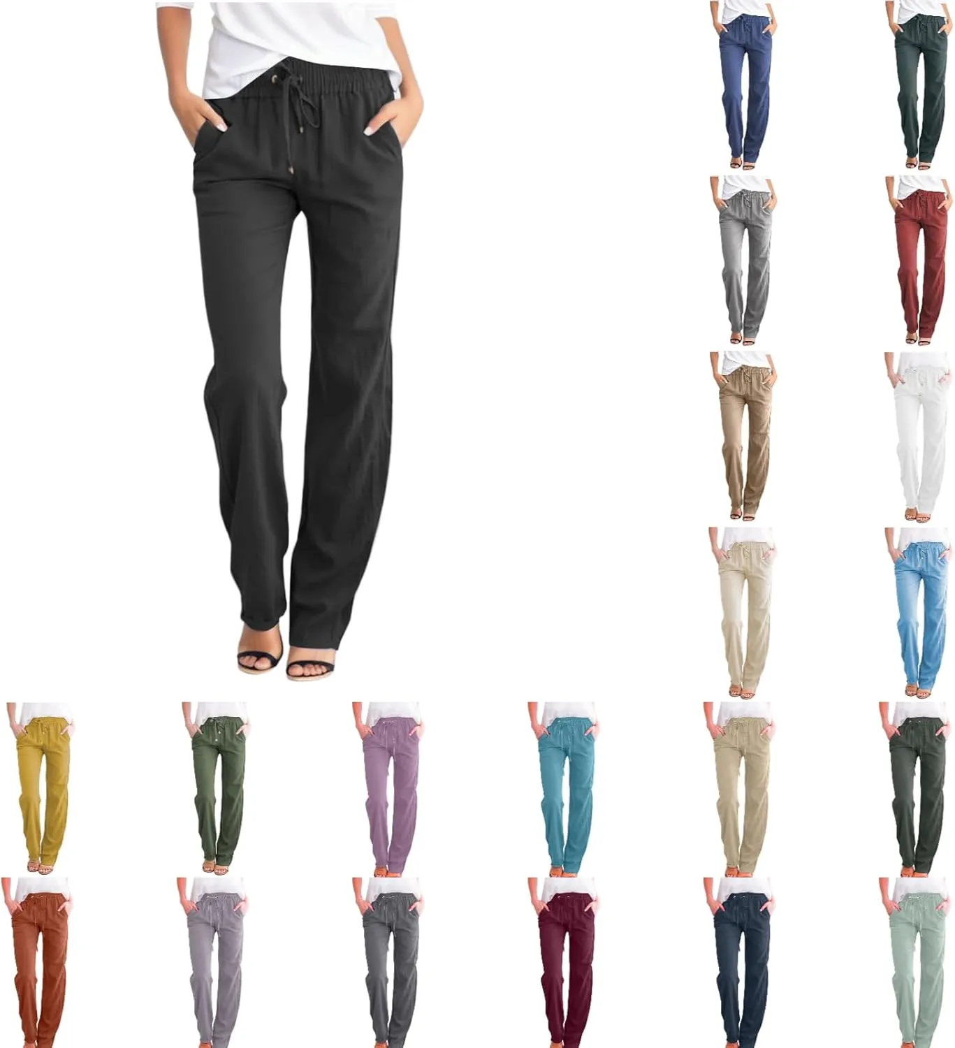 Cotton Linen Pants for Women Summer Solid Color Drawstring Elastic Waist Pant Straight Leg Long Trouser with Pockets