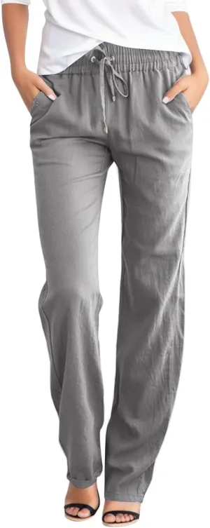 Cotton Linen Pants for Women Summer Solid Color Drawstring Elastic Waist Pant Straight Leg Long Trouser with Pockets