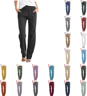 Cotton Linen Pants for Women Summer Solid Color Drawstring Elastic Waist Pant Straight Leg Long Trouser with Pockets