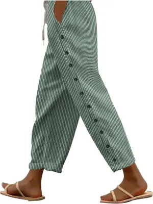 Cotton Linen Pants for Women Trendy Striped Side Buttons Pants Elastic Waist Straight Leg Baggy Trousers with Pockets