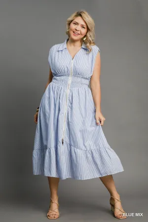Cotton Striped Smocked Waist Zip Up Midi