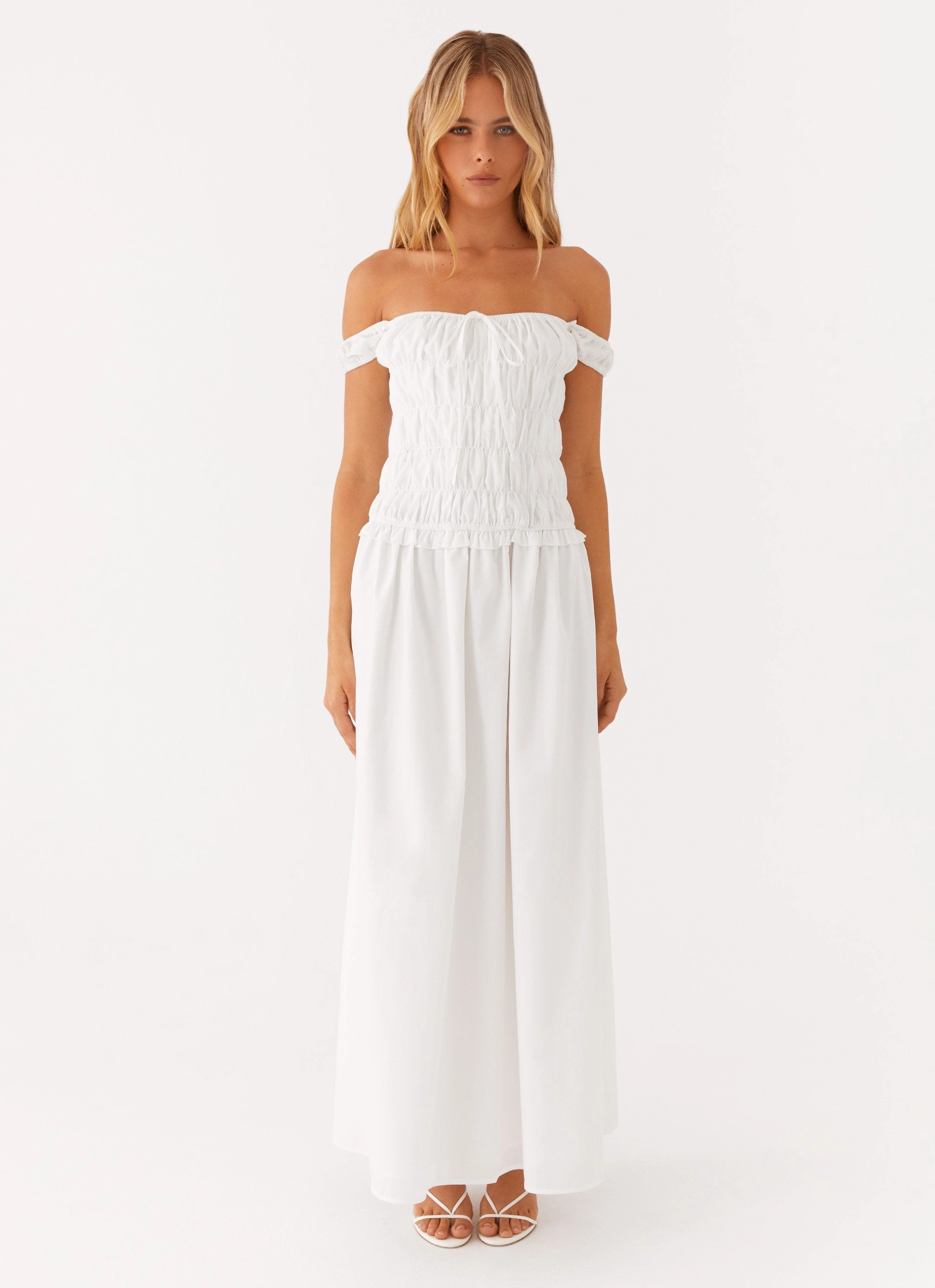 Fitted Shape Comfortable Layer Countryside Off Shoulder Maxi Dress - Ivory