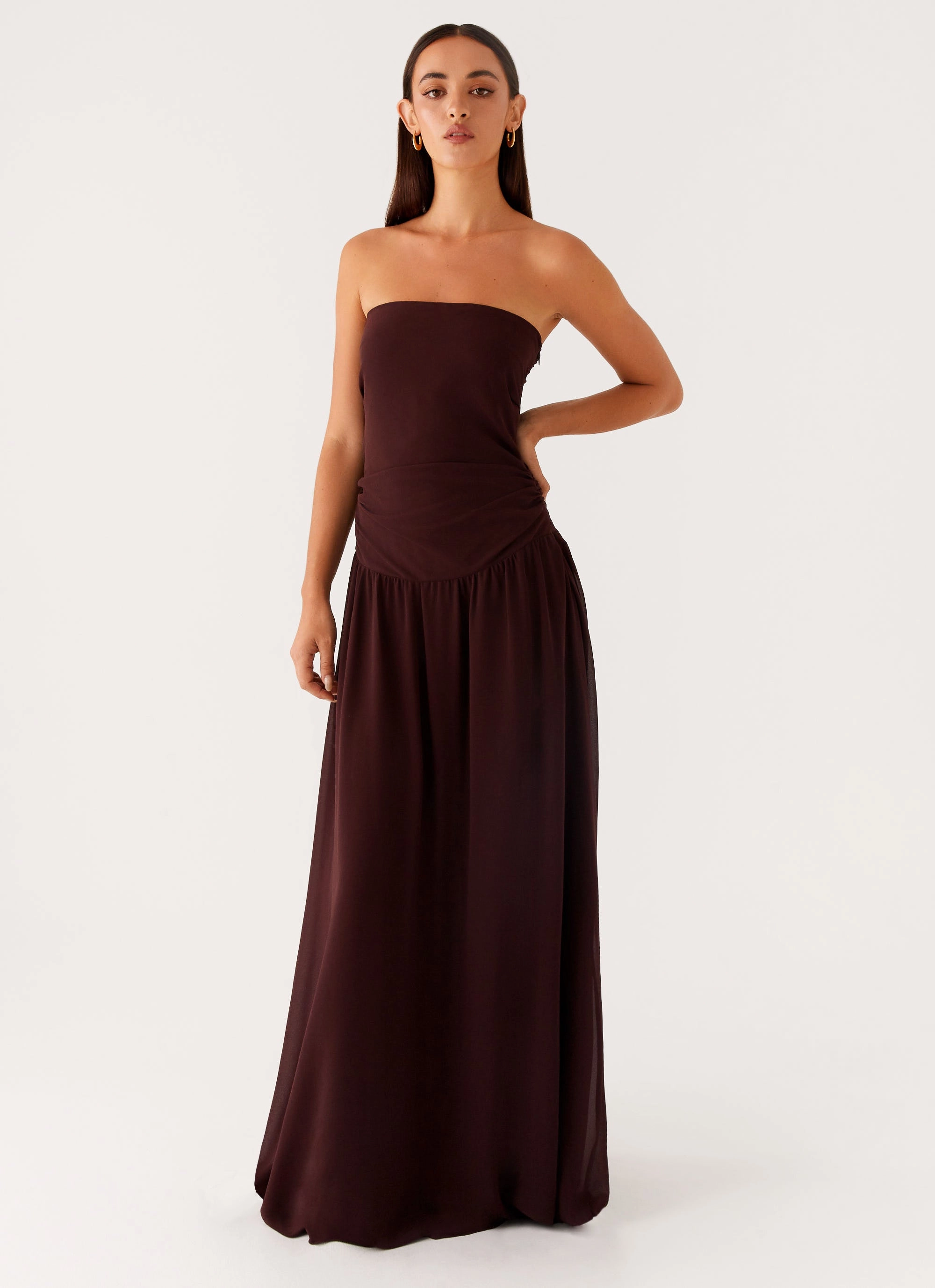 High Hemline Polished Mood Covia Strapless Maxi Dress - Dark Chocolate
