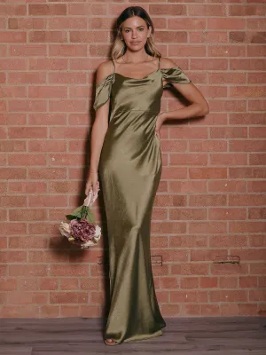 Cowl Neck Maxi Satin Bridesmaid Dress / Olive Green Formal wear essentials Cowl Neck Maxi Satin Bridesmaid Dress / Olive Green Event Safe Daily Movement