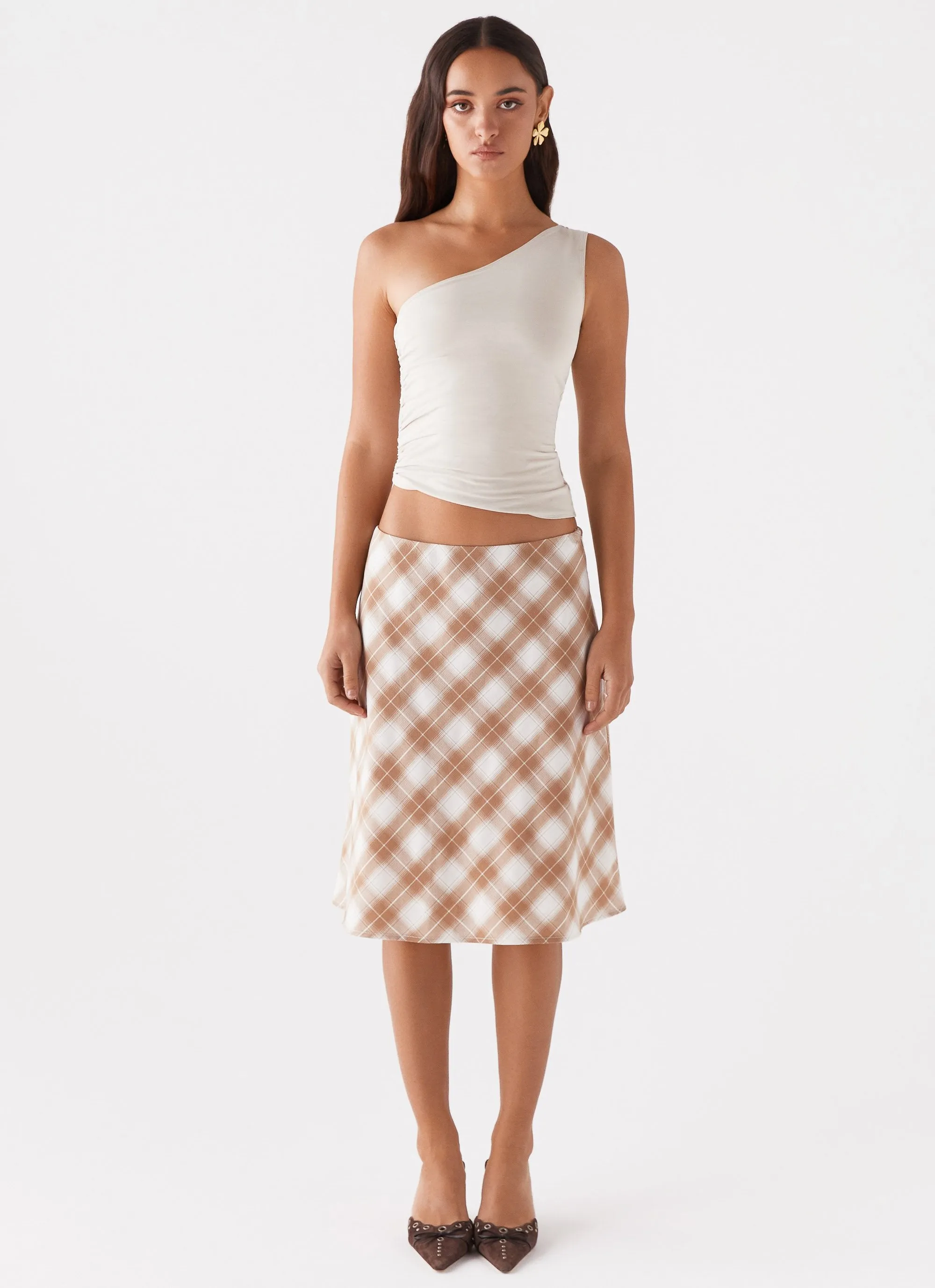 Andie Midi Skirt - Brown/White Plaid Simple Flow