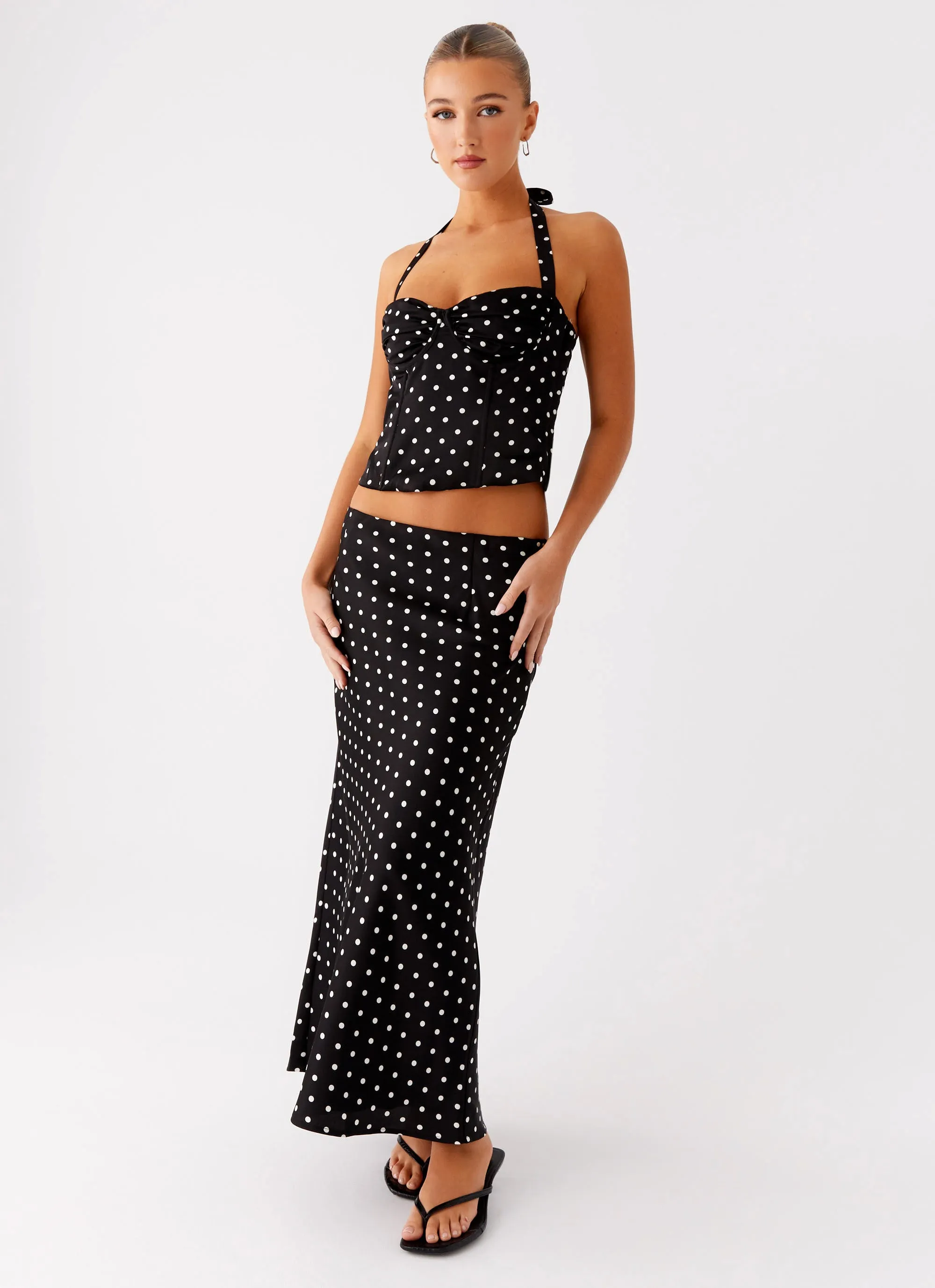 Breanne Midi Skirt - Black Polka Dot Thermoregulating Fabric Tailored Cut