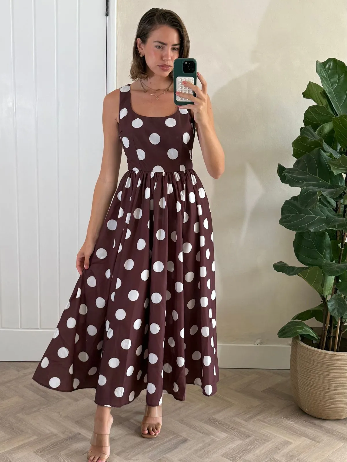 Davica Chocolate Brown and Cream Polka Dot Midi Dress Linen Love