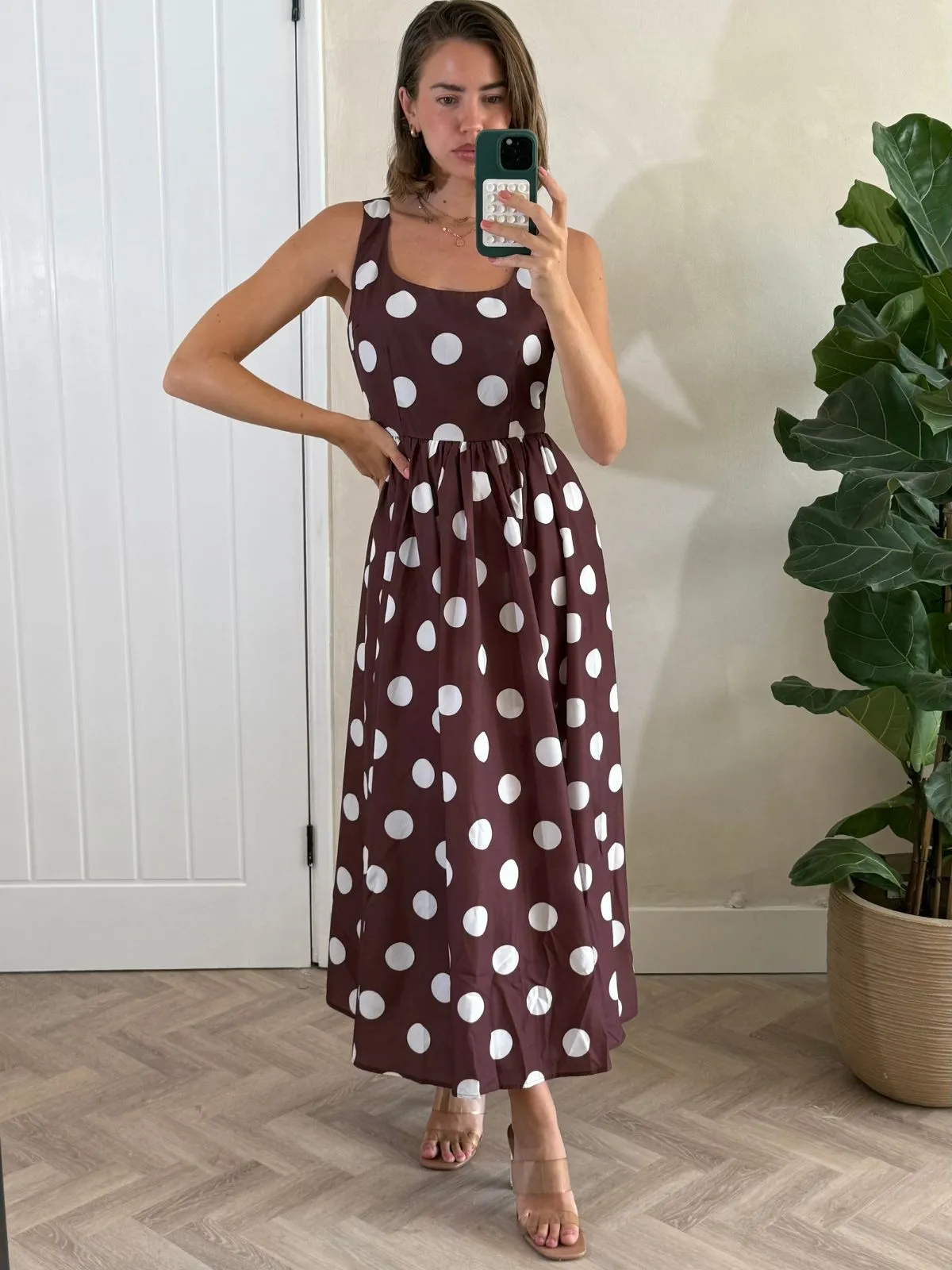 Davica Chocolate Brown and Cream Polka Dot Midi Dress Stylish Appearance Travel Option