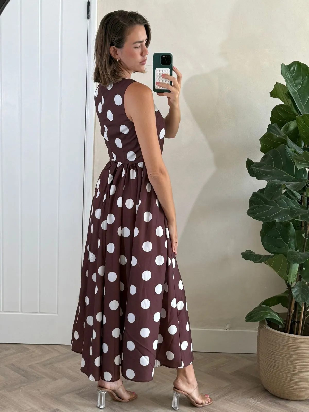 Davica Chocolate Brown and Cream Polka Dot Midi Dress Statement-Buttons