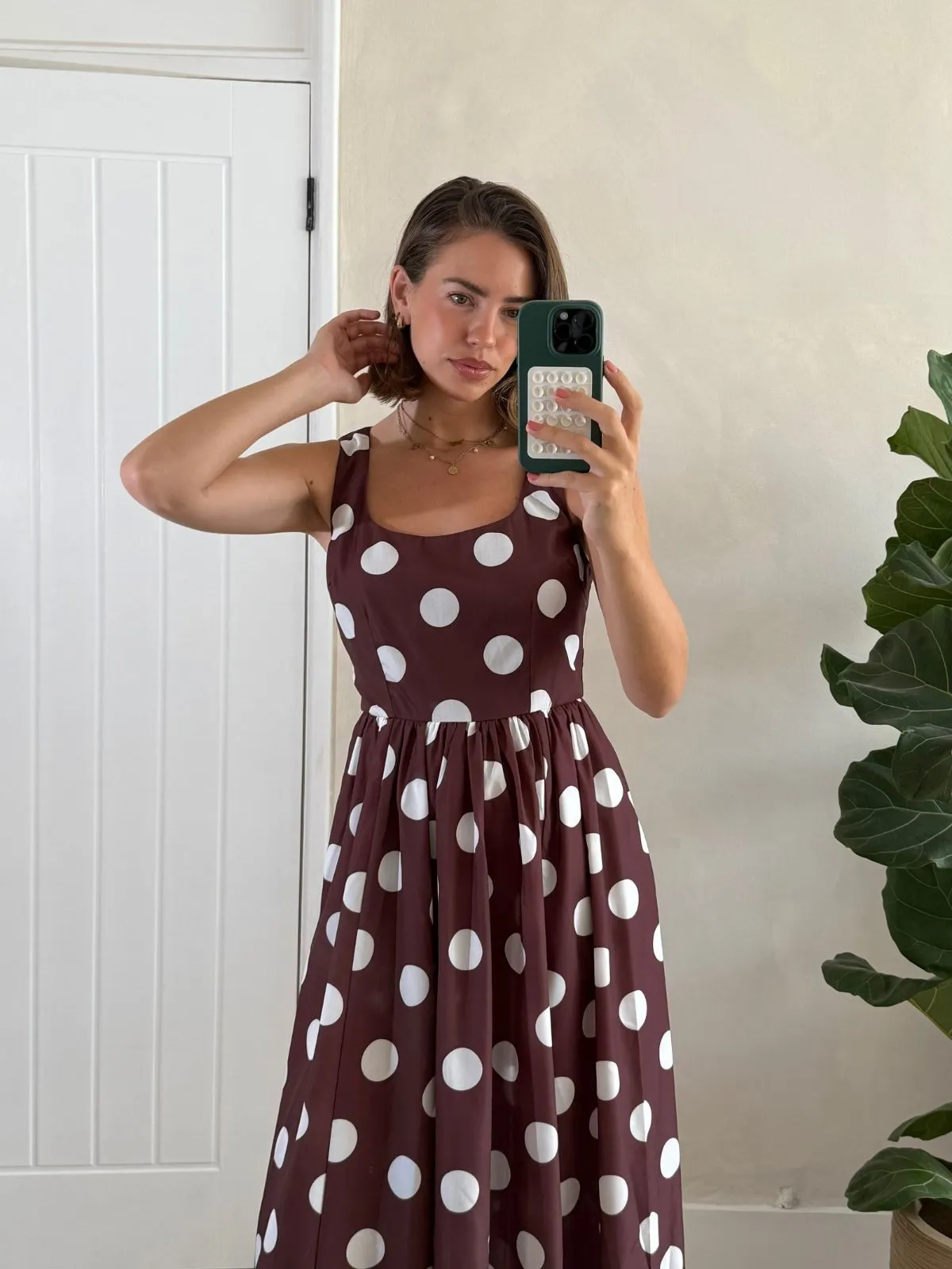 ConvertibleNeckline Country View Davica Chocolate Brown and Cream Polka Dot Midi Dress
