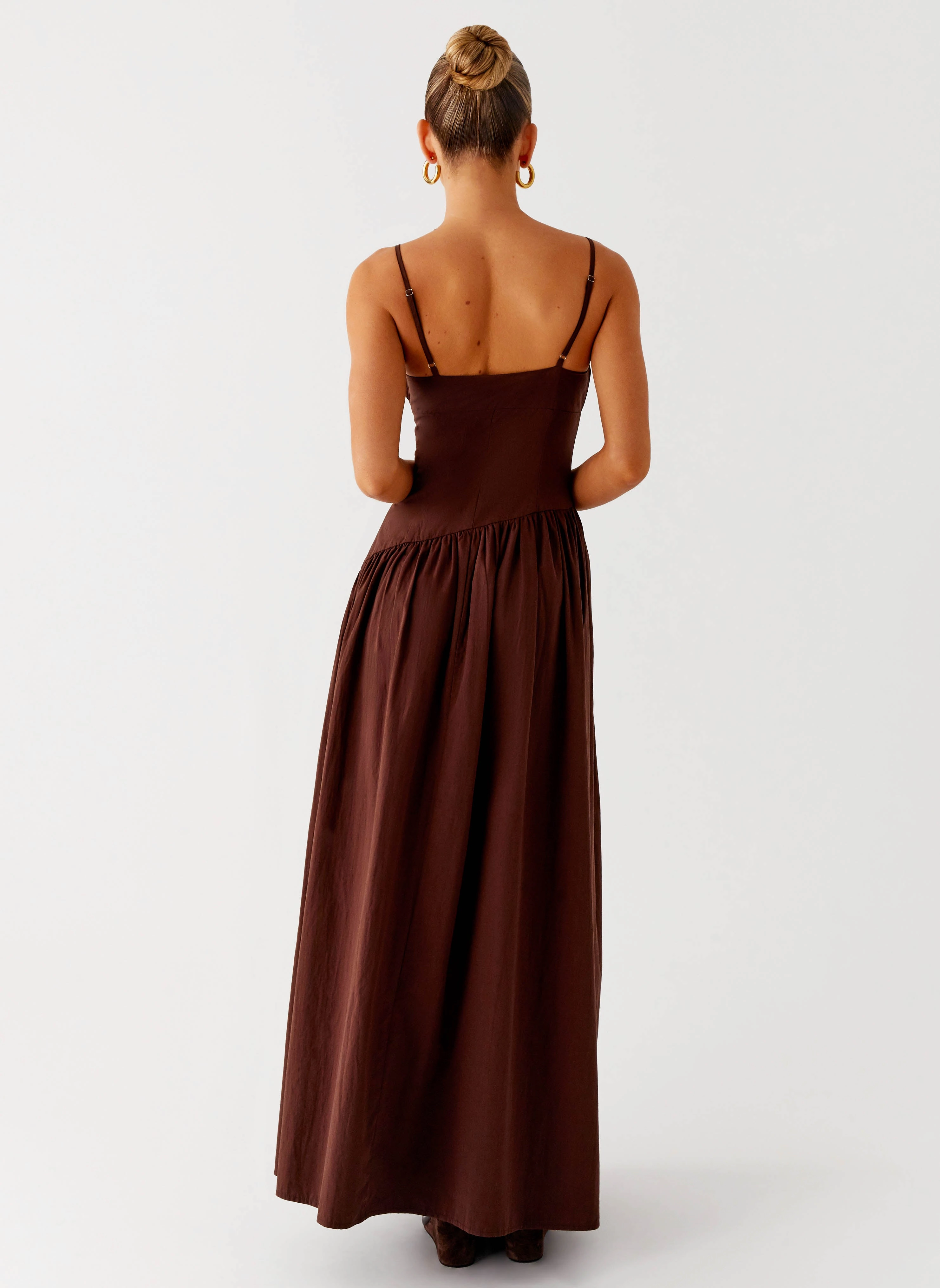 Yuna Drop Waist Maxi Dress - Chocolate Front Ruffle Calm Lines