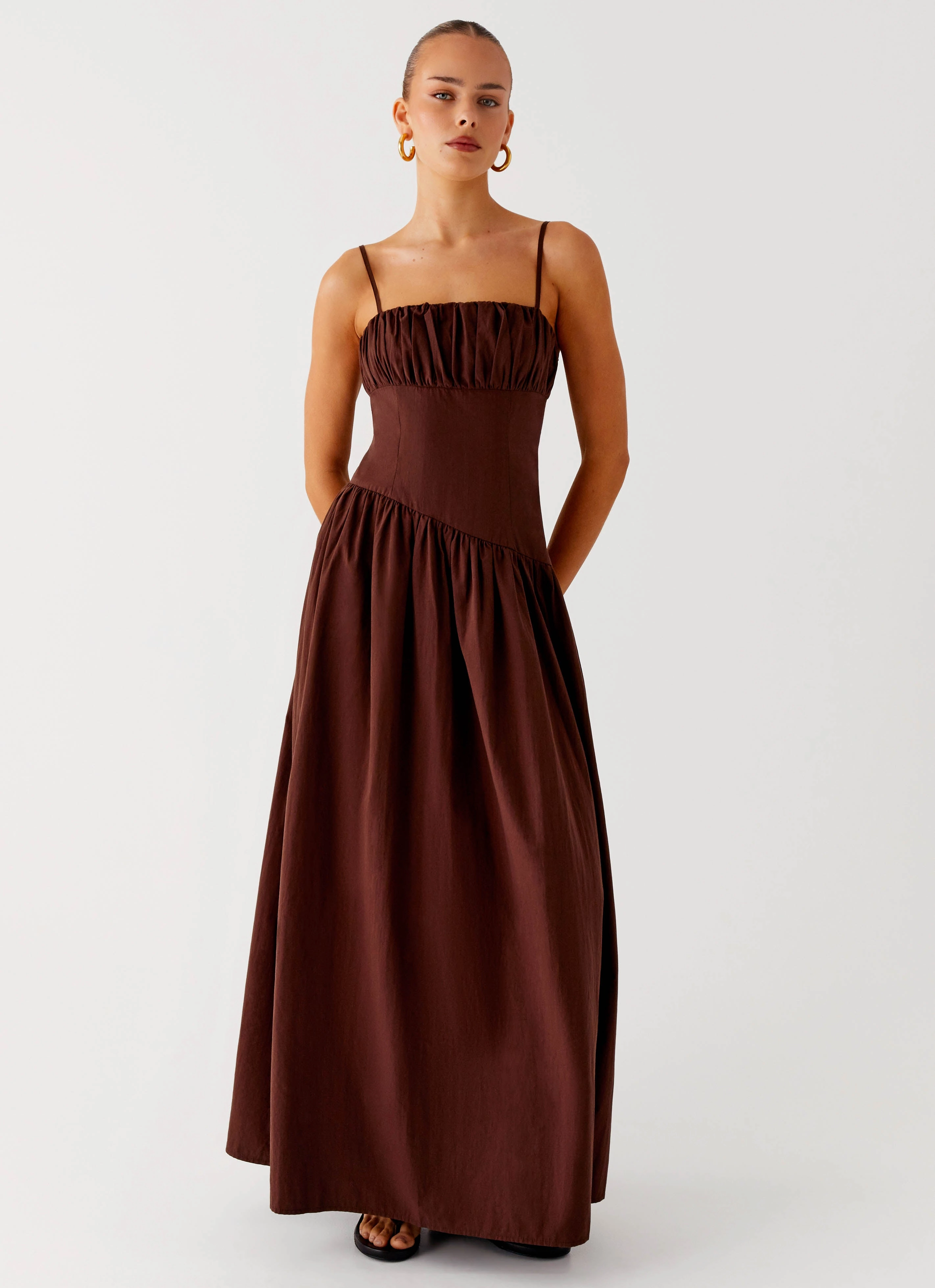 Natural Aesthetic Matte-Lining Yuna Drop Waist Maxi Dress - Chocolate