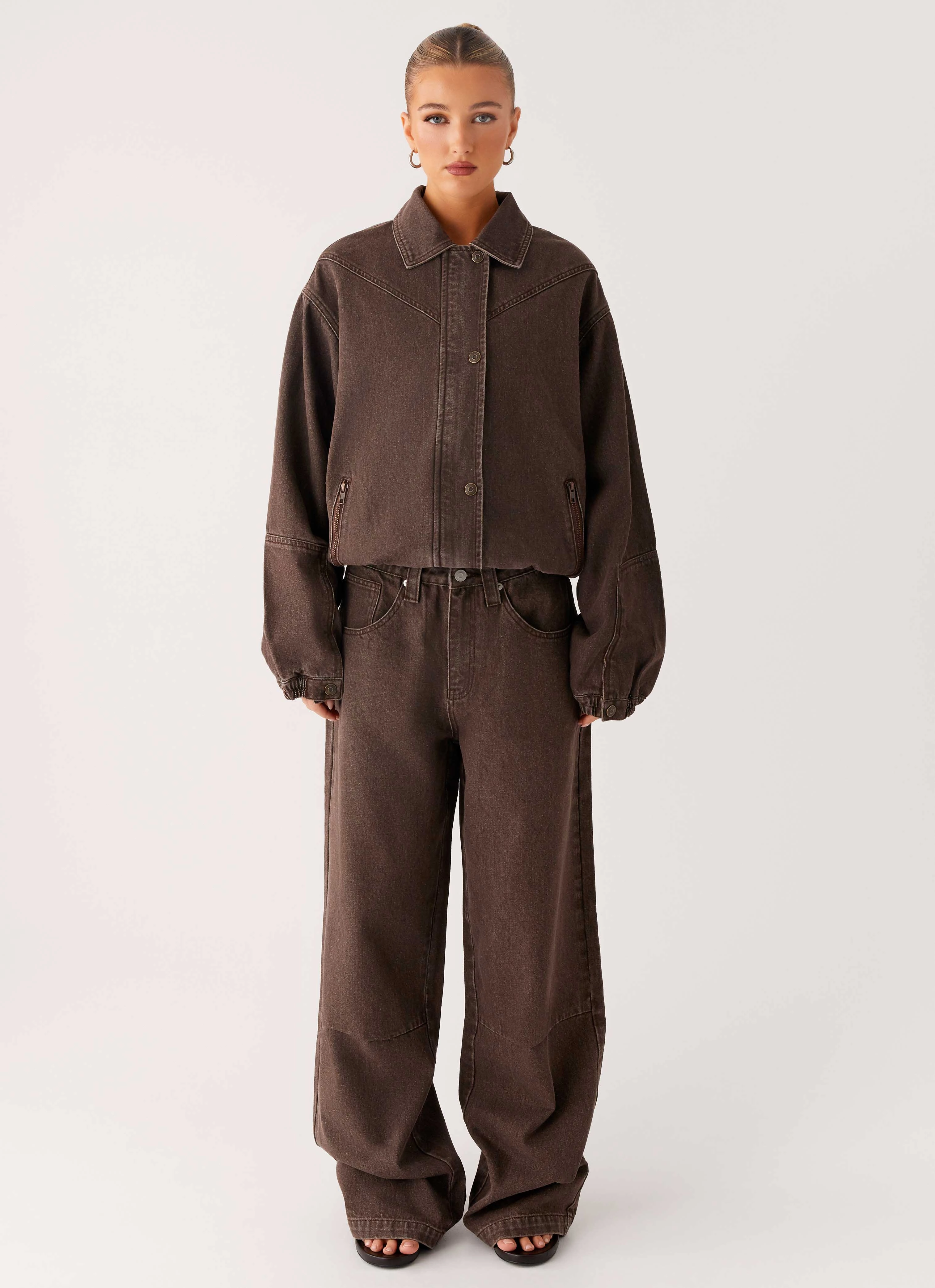 Midwest Washed Denim Bomber Jacket - Light Wash Chocolate Reinforced Elbow Panels