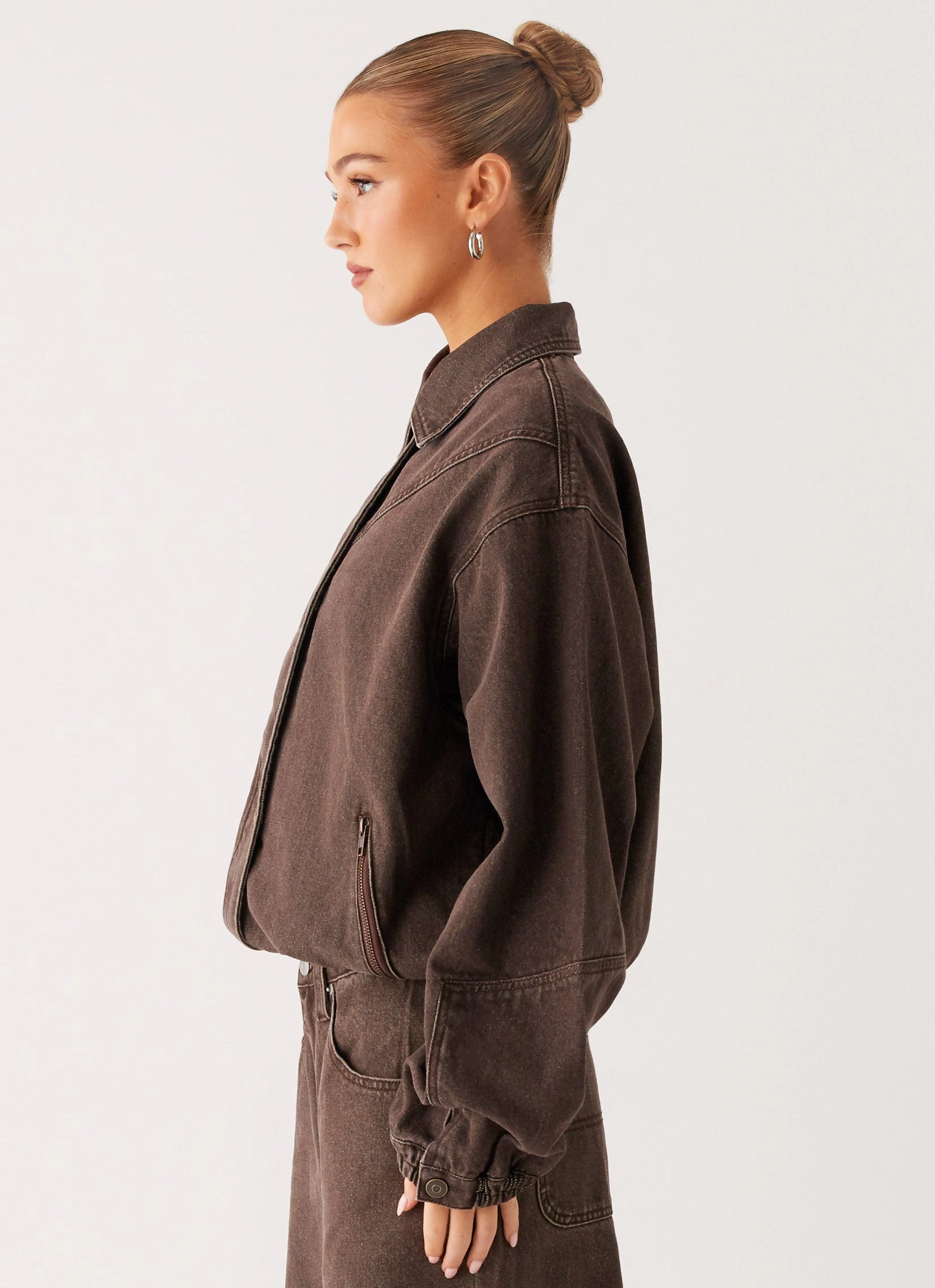 Midwest Washed Denim Bomber Jacket - Light Wash Chocolate Fit For Travel