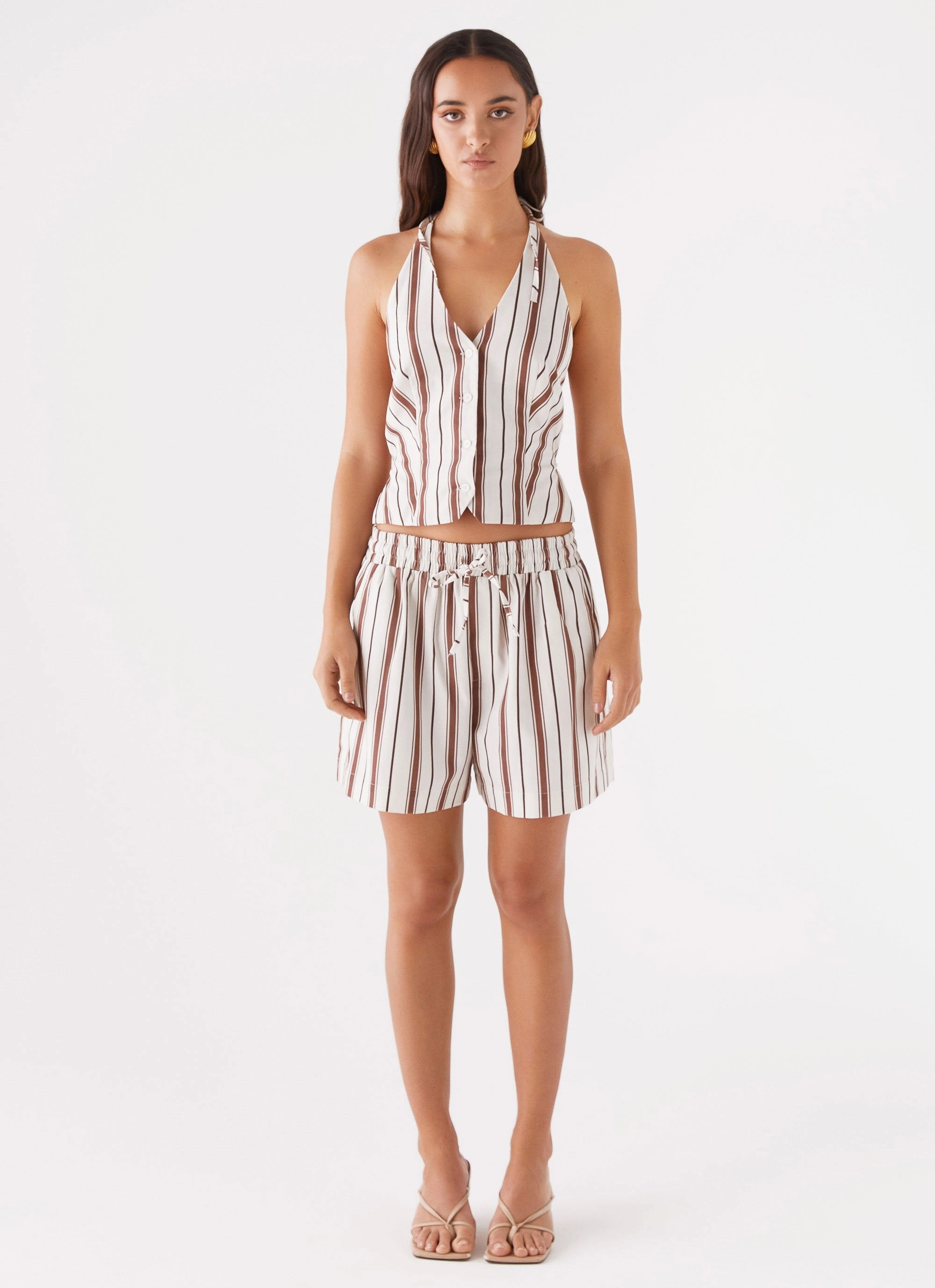 Wool blend Comfy Cut Ellie Linen Halterneck Vest Top - Brown Stripe