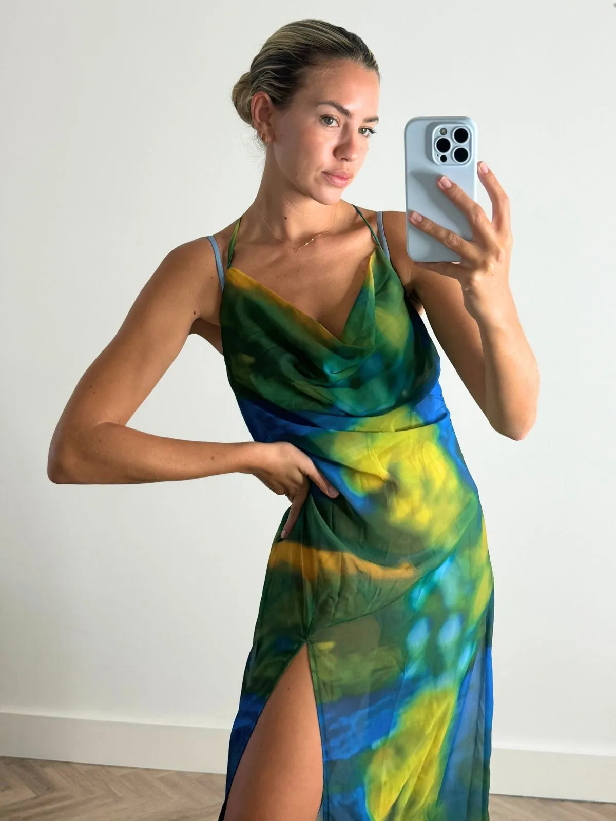 Sanchia Cowl Neck Maxi Dress in Blue and Green Bless Touch Chill Detail