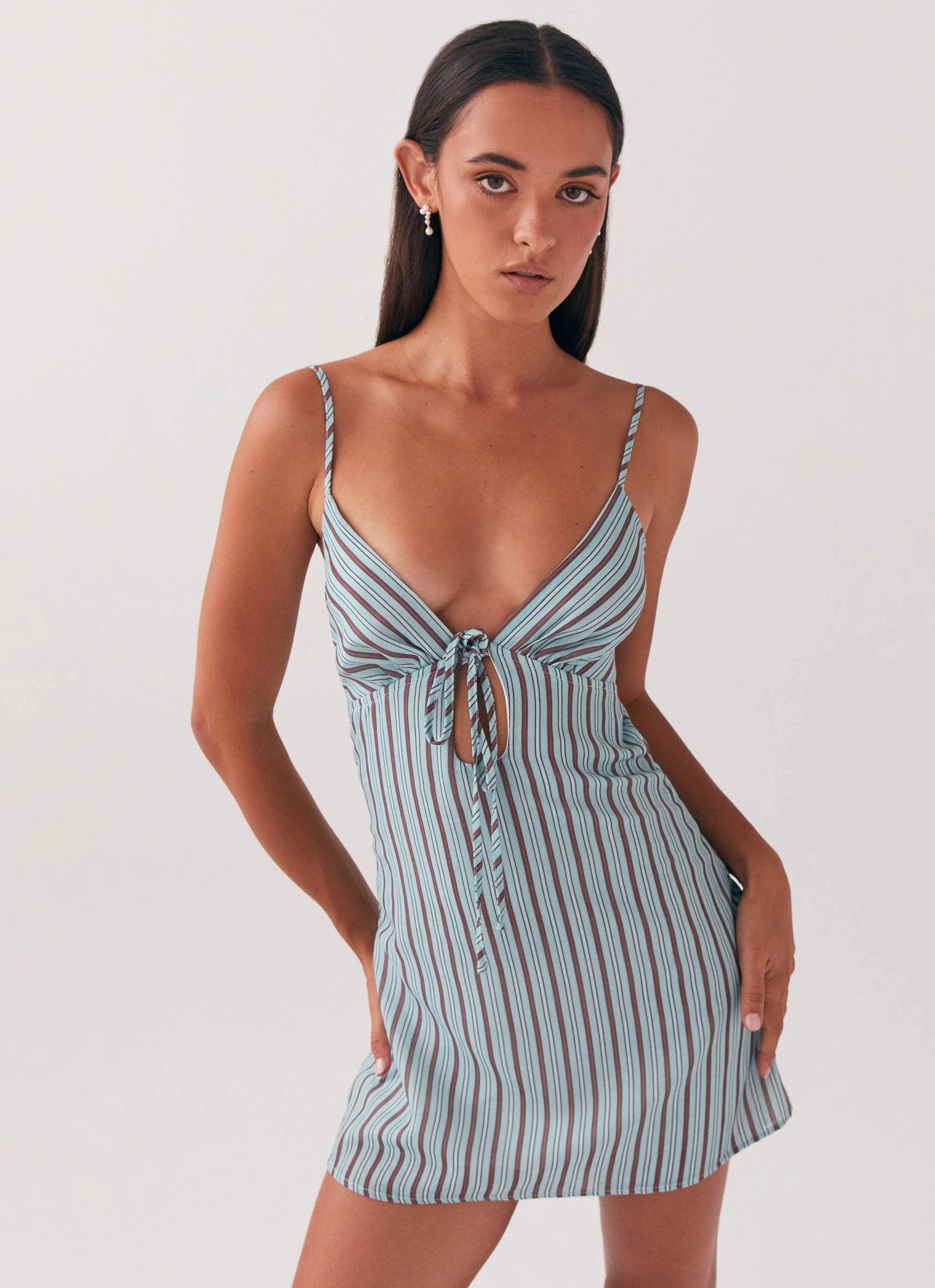 Flora Linen Mini Dress - Coastal Stripe Texture Flow Travel Fit