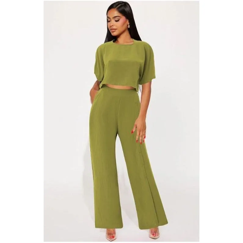 Crop Blouse & Wide Leg Pants Set.