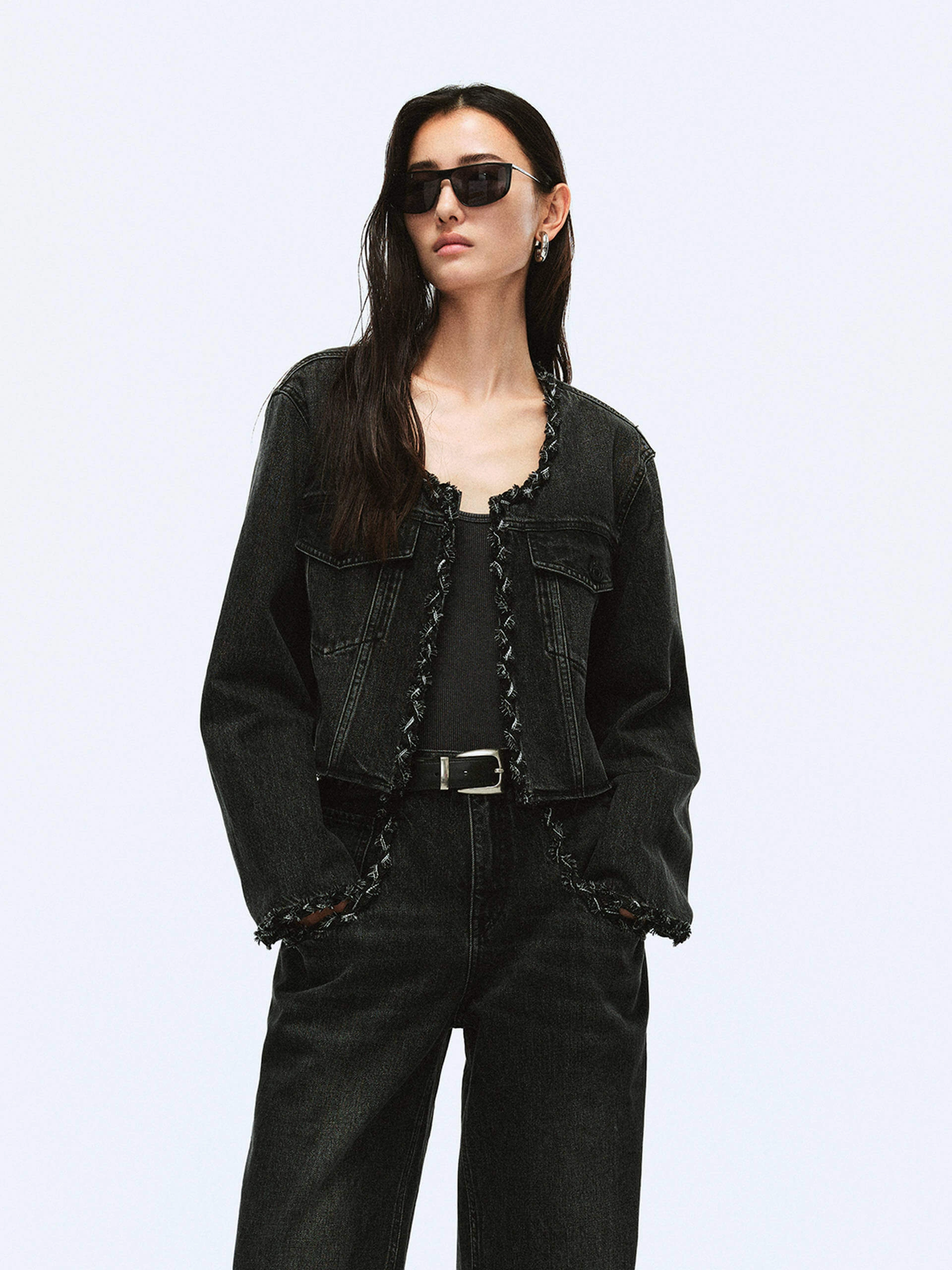 Cropped Collarless Denim Jacket