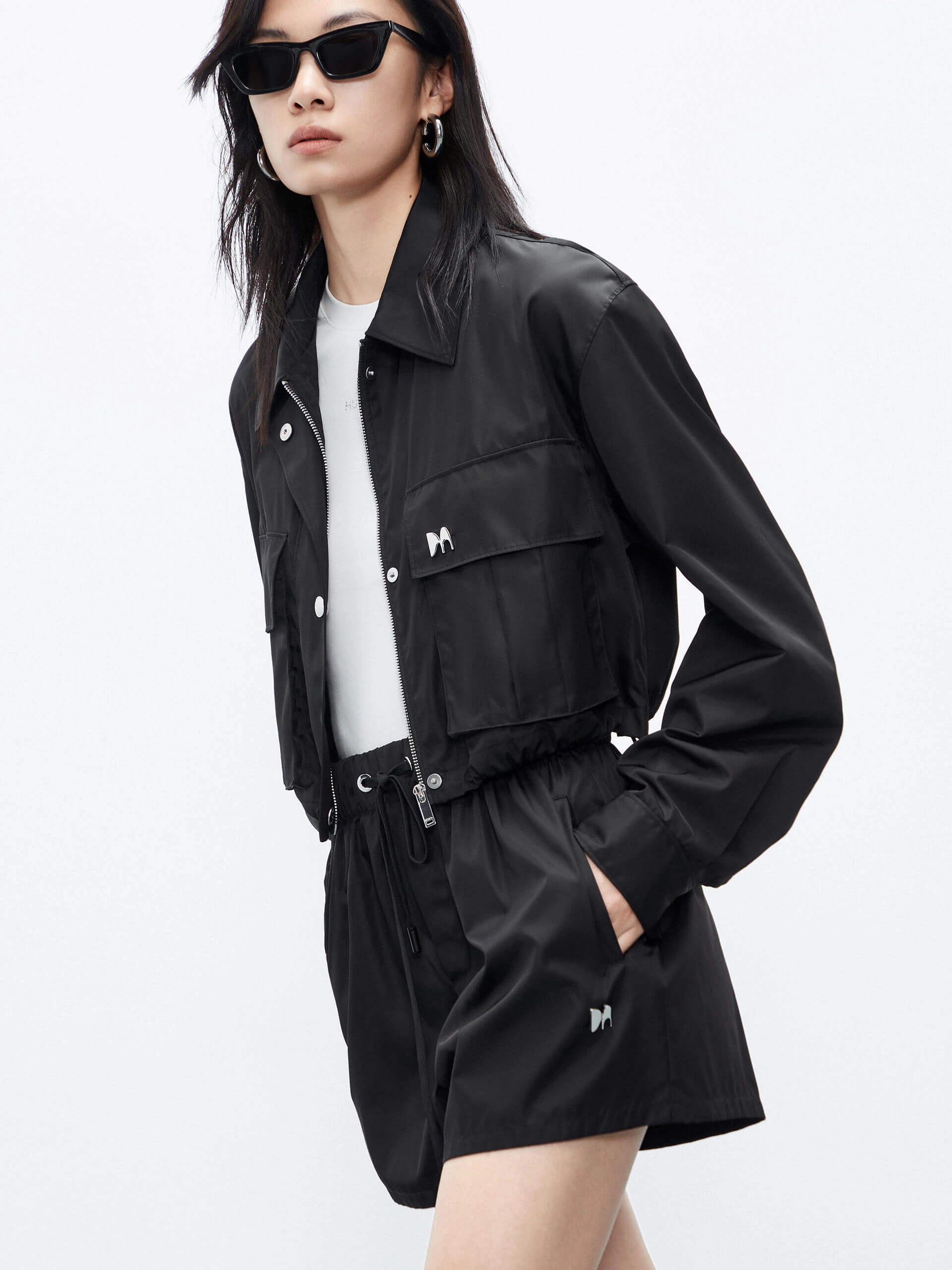 Cropped Drawstring Hem Coat