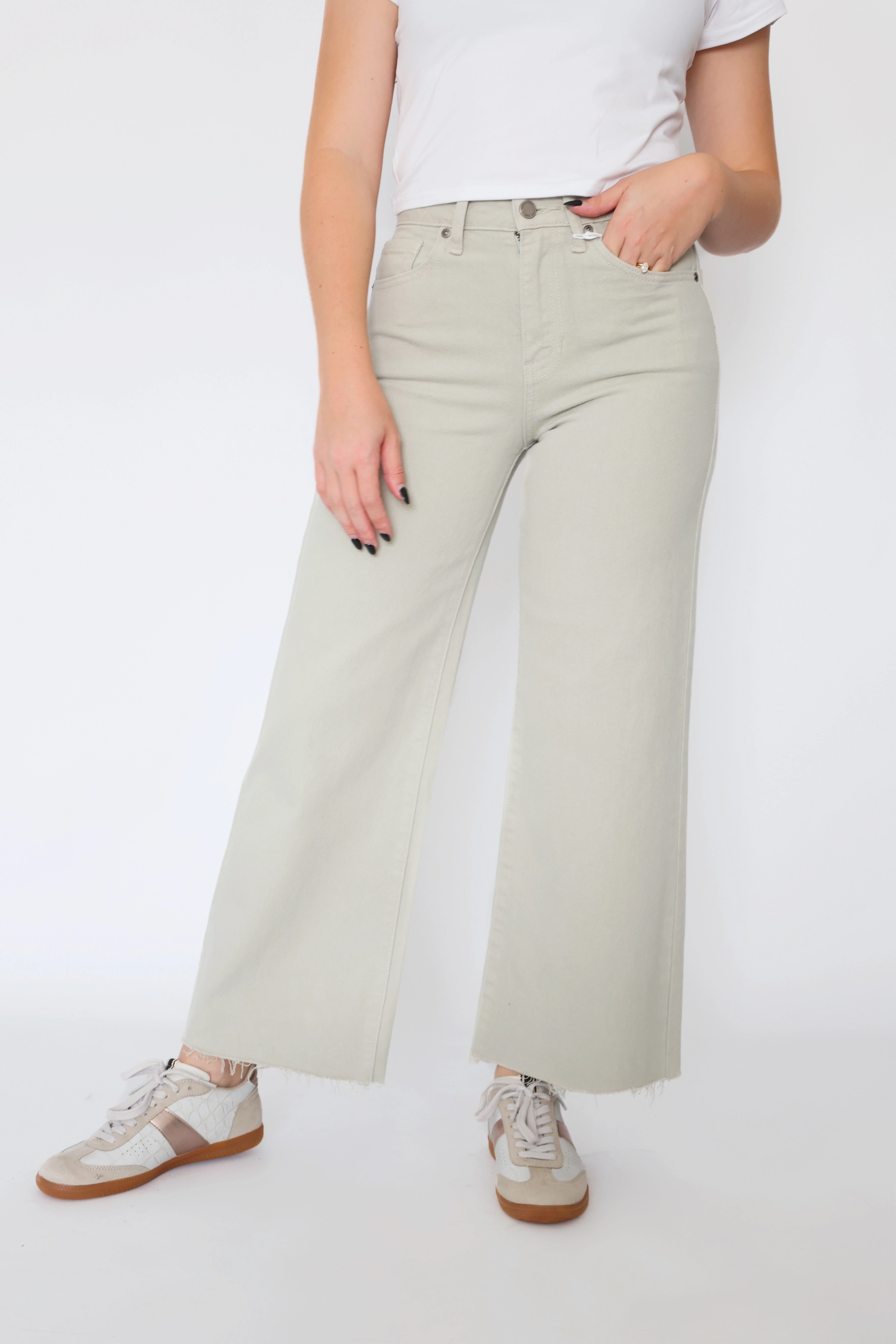 Crosley Wide Leg- Olive Sheer Overlay Material