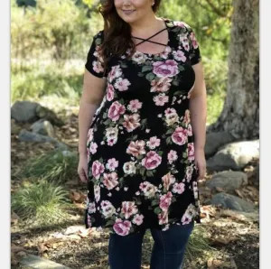 Cross Belt Decorated Floral Print Plus Size Casual Dresses