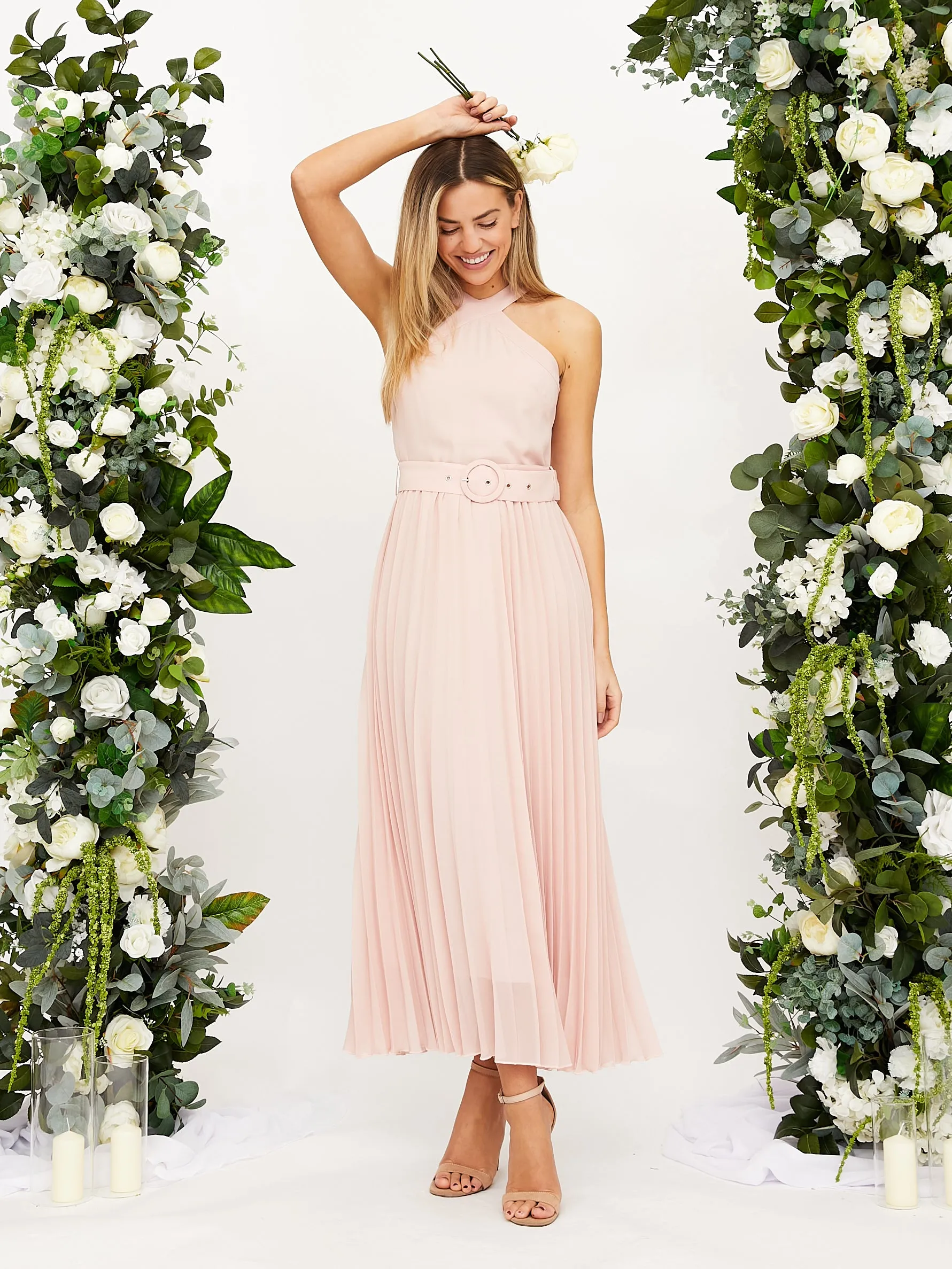Soft Appeal Cross Neck Pleated Midaxi Chiffon Dress / Blush