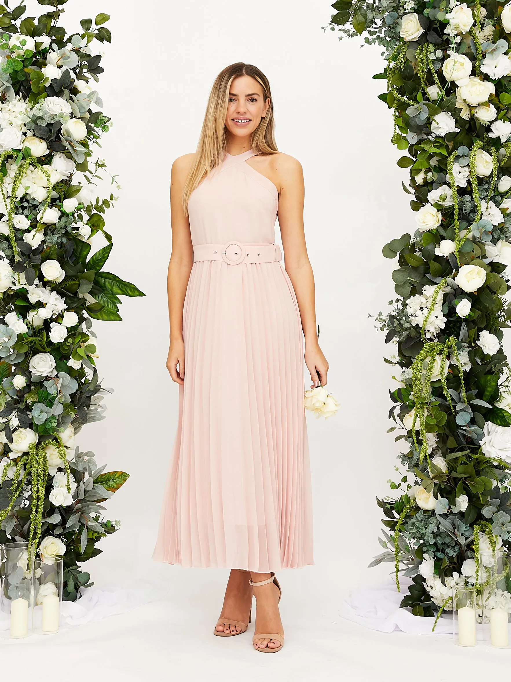 Perfect Wearable Cross Neck Pleated Midaxi Chiffon Dress / Blush