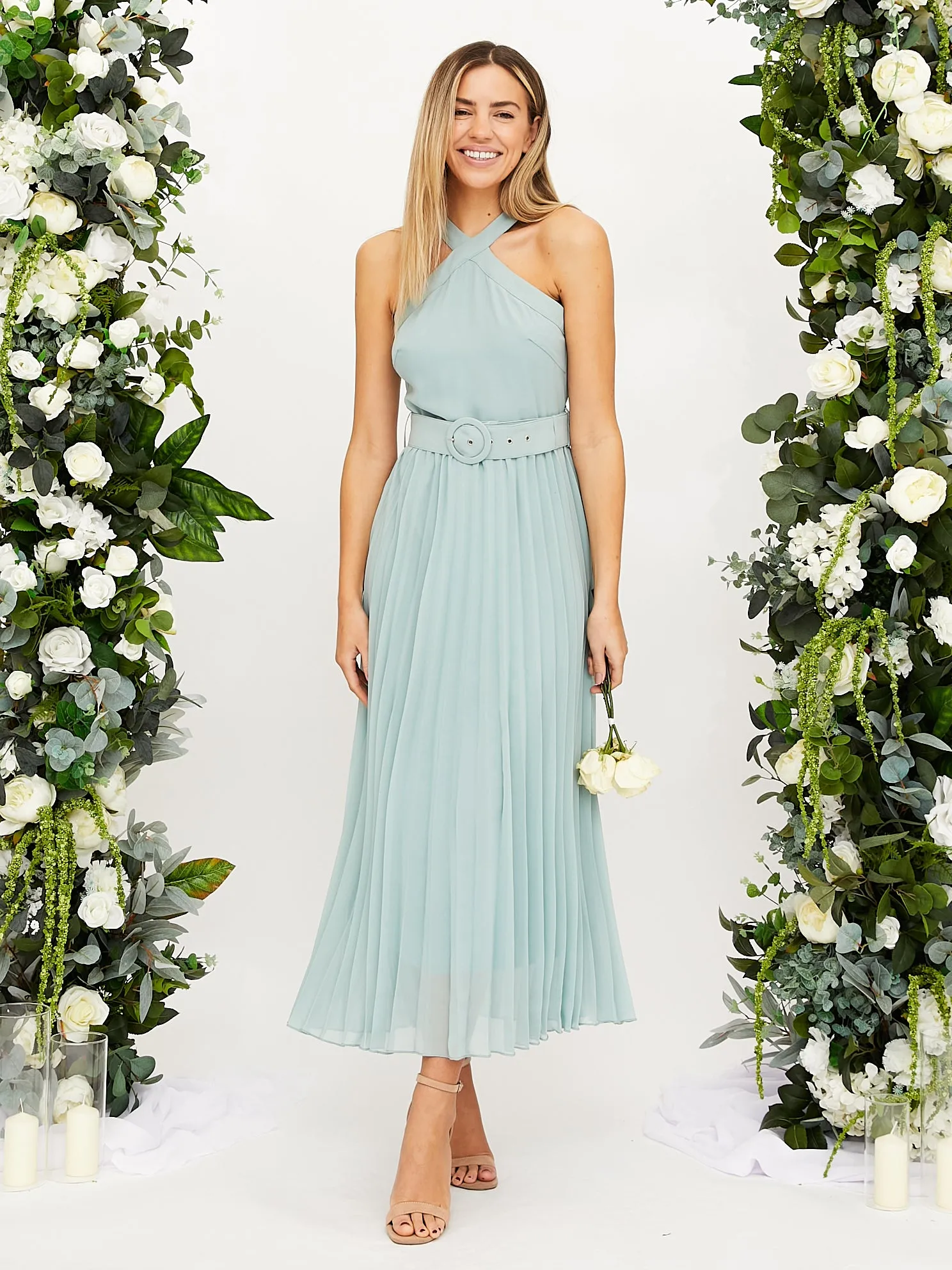 Pleat Breeze Cross Neck Pleated Midaxi Chiffon Dress / Sage