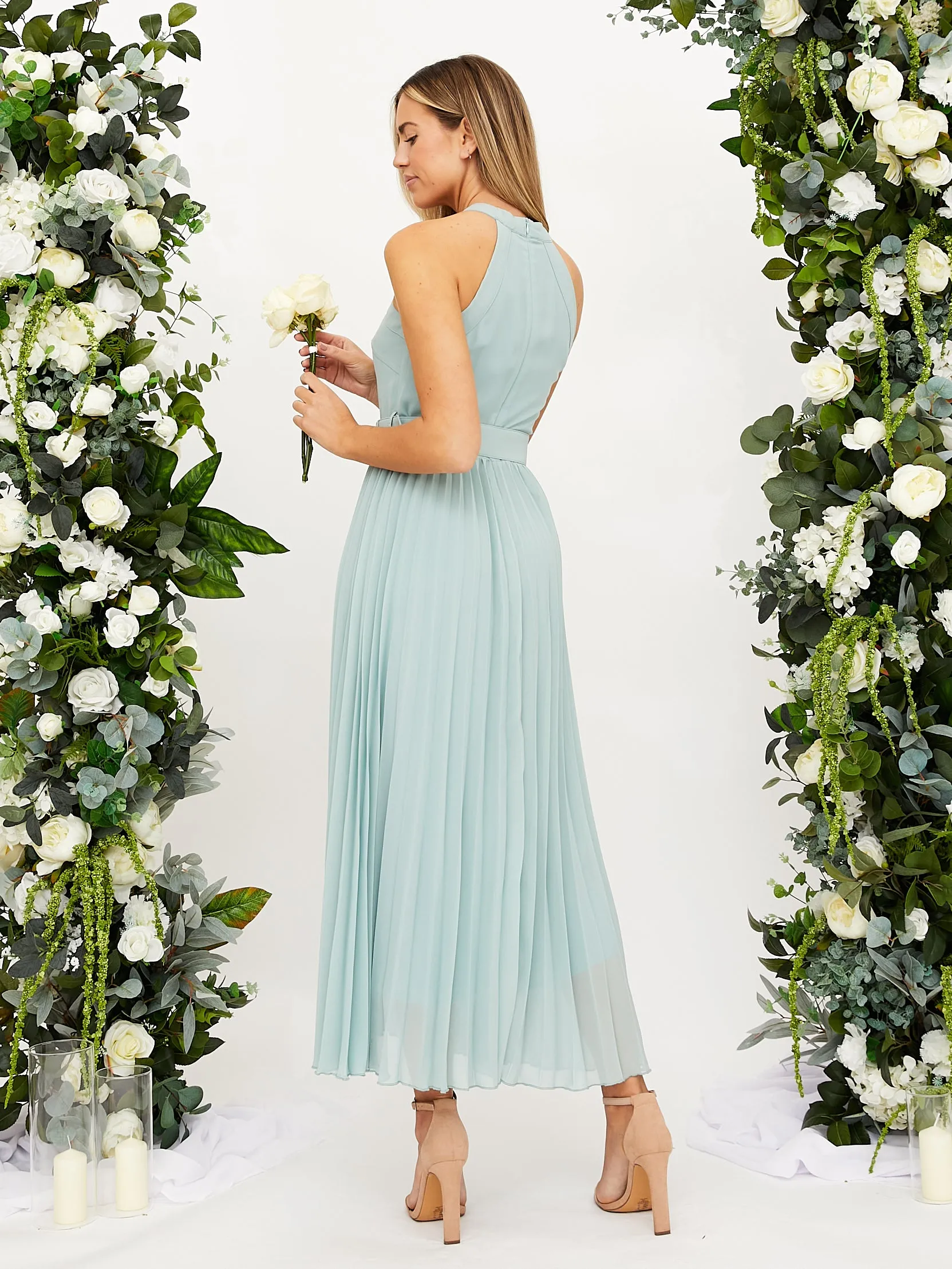 Luxe Fabric Button Accent Cross Neck Pleated Midaxi Chiffon Dress / Sage