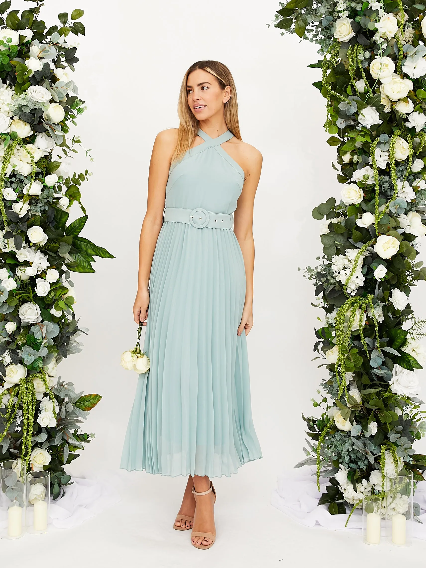 Cross Neck Pleated Midaxi Chiffon Dress / Sage All Day Feminine Energy