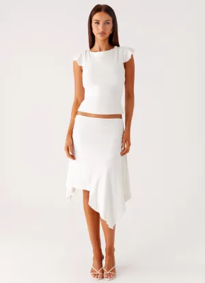 Curved Seams Maxina Asymmetrical Midi Skirt - White Subtle Mood Maxina Asymmetrical Midi Skirt - White