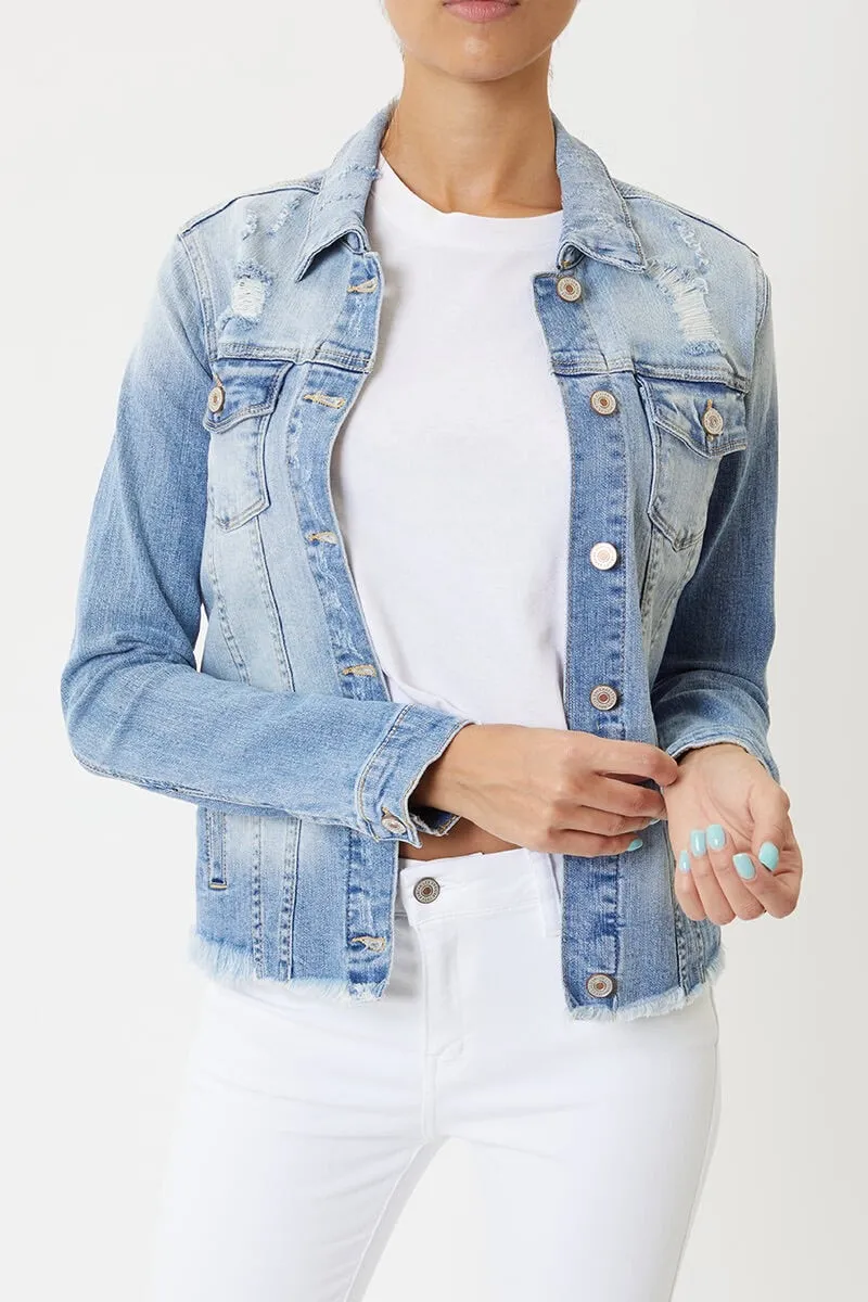 CURVY DISTRESSED DENIM JACKET WITH RAW HEM WAISTBAND