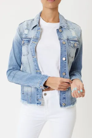 CURVY DISTRESSED DENIM JACKET WITH RAW HEM WAISTBAND